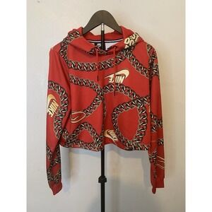Nike Sportswear Glam Dunk Crop Hoodie Womens Small Red Gold Chain Print CJ6305